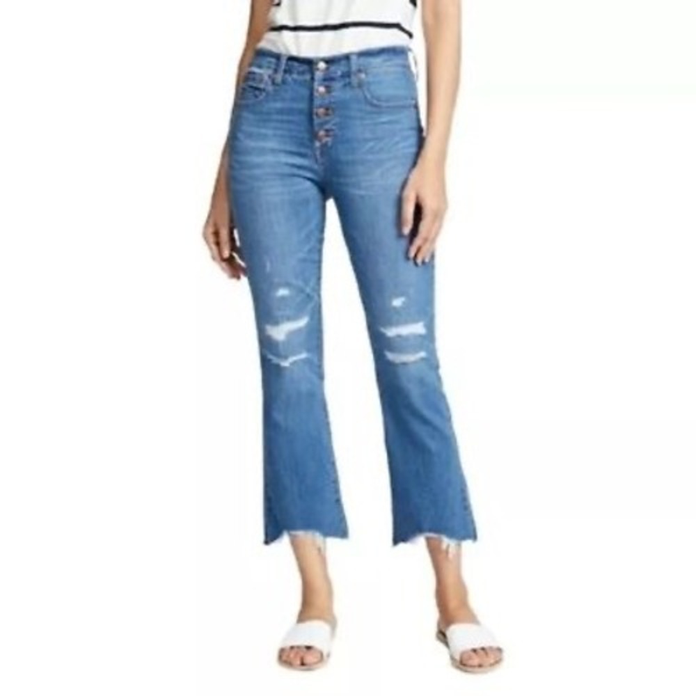 Madewell Cali Demi-Boot Jeans 28 Button Fly Distressed Chewed Hem Blue High Rise